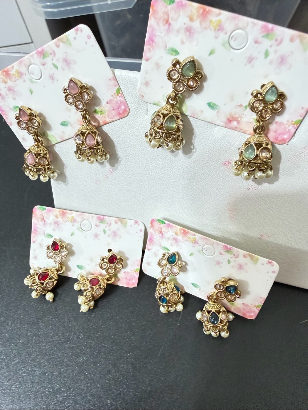 Gold-Tone Floral Jhumka Earrings with Pink, Green, Blue, and Red Stones